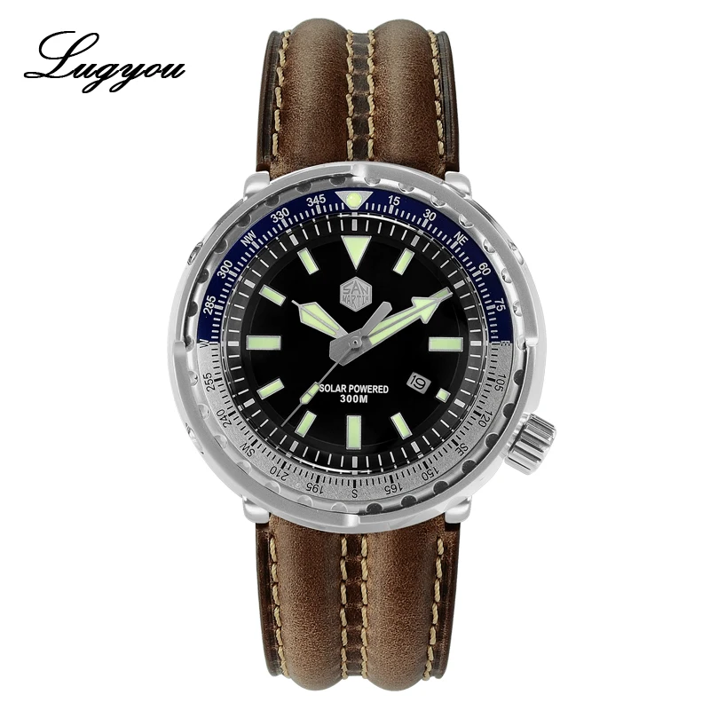 Blue Leather strap LUGYOU Сан Мартин тунец мужские часы из нержавеющей стали 30Bar VS37 солнечной энергии черный циферблат с датой Дисплей силиконовый ремешок супер светящийся - Цвет: Blue Leather strap