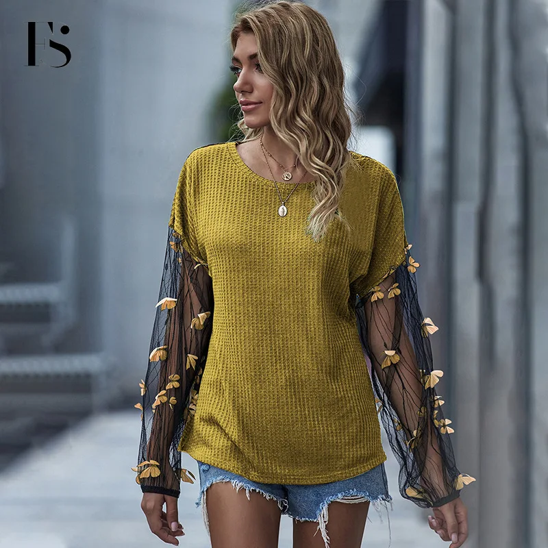 

Autumn Solid Color 3D Butterfly Patchwork Sweater Women Mesh Lantern Sleeves Loose Knitwear