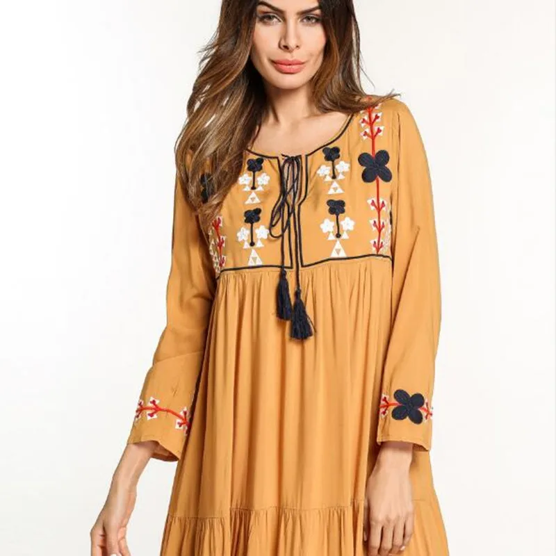 Женское платье осень 2019 женское этническое длинное с вышивкой кисточка дизайн