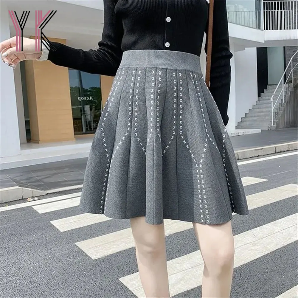 

Jacquard Knitting Elastic Band High Waist Pleated A-Line Mini Skirts Autumn Winter Women Sukienka Korean Harajuku Aesthetic Saia
