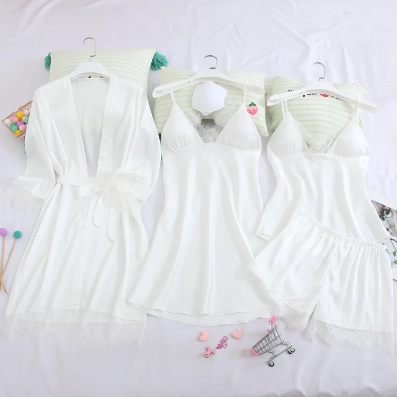 

Sexy Bride Bridesmaid Wedding Sleepwear Suit Loose Lace Trim V-neck Pajamas Kimono Bath Gown 4PCS CASUAL Nightwear Set Negligee