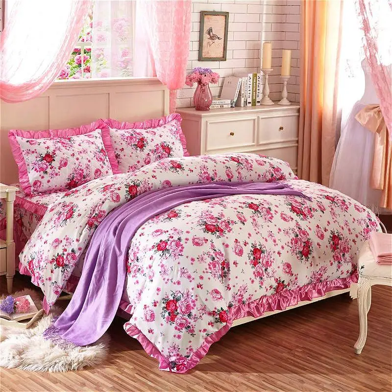 

Shabby Chic Floral Duvet Cover Set 100% Cotton Soft Bedding set with Quilted Cotton Bedskirt Pillow shams Queen King size