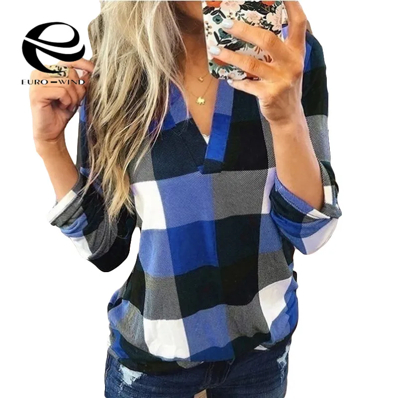 Plus Size 5XL Women Tops and Blosue 2019 Autumn New Long Sleeve V Neck Plaid Blouses Female Casual Loose Shirts Blusas |