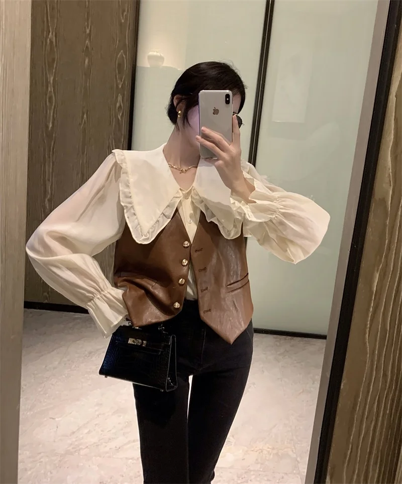 

Women's Vest 2021 Early Autumn New Niche Youthful-looking Loose Korean Style Western Style V-neck Pu Leather Vest Rac