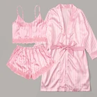 Комплект пижамный Женский, Шелковый, черный, атласный, кружевной, из 3 предметов, топ на бретелях и штаны, весна-лето, домашняя одежда, ночная рубашка, банная сорочка, S-XL