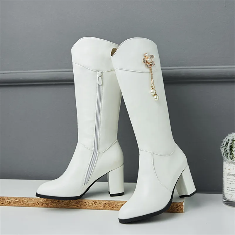 Женские сапоги до колена на молнии с круглым носком высоком блочном