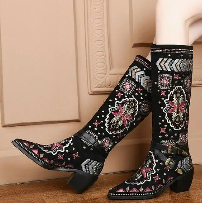 

Women's Mid Calf Cowboy Boots Chunky Heels Pointy Toe Embroidery Shoes New