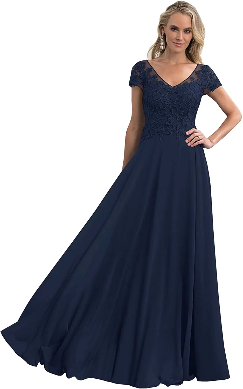 

Women's V Neck Lace Applique Mother of The Bride Dresses with Short Sleeves A Line Chiffon Long Formal Evening Gown