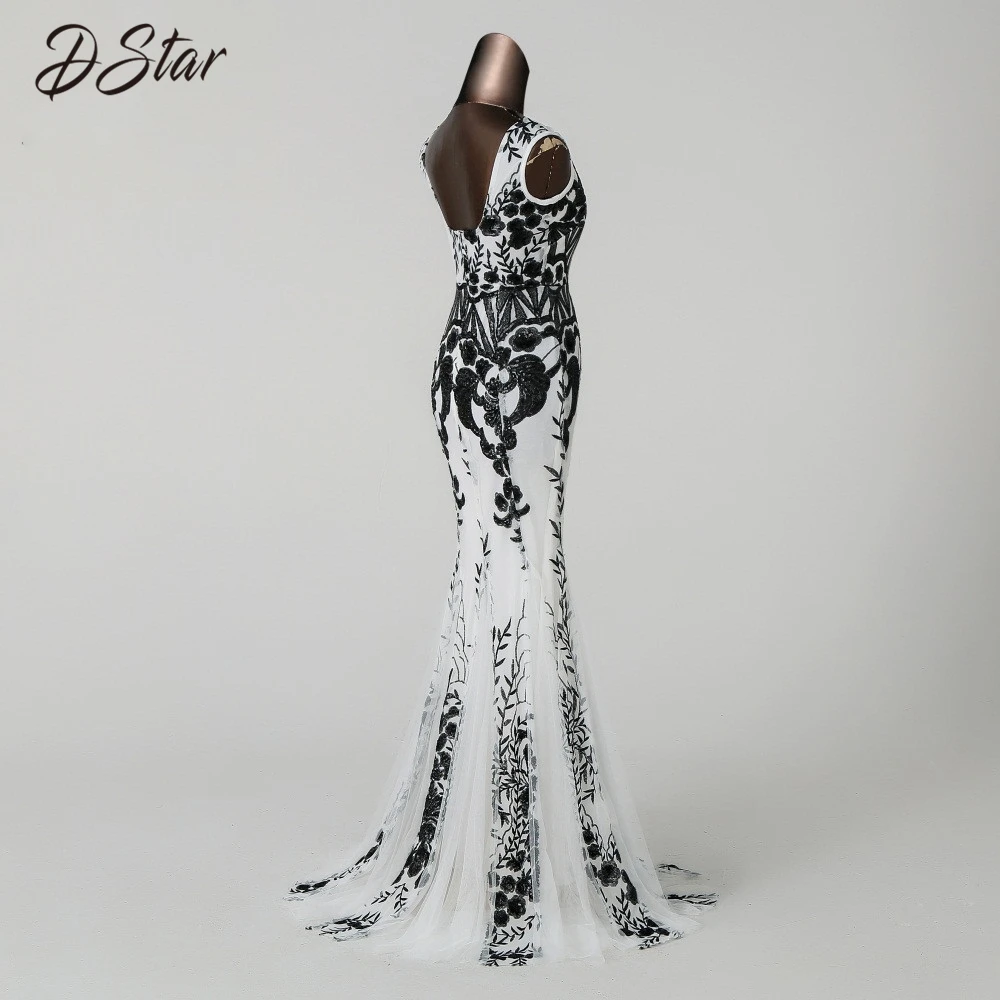 Элегантное Черное/Белое платье русалки с блестками и черным цветком Вечернее