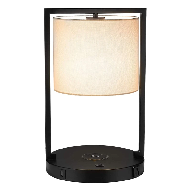 

Modern Nightstand Cloth Table Desk Lamp with E26 Bulb Wireless Charging USB Port,Bedside Night Light for Bedroom,US Plug