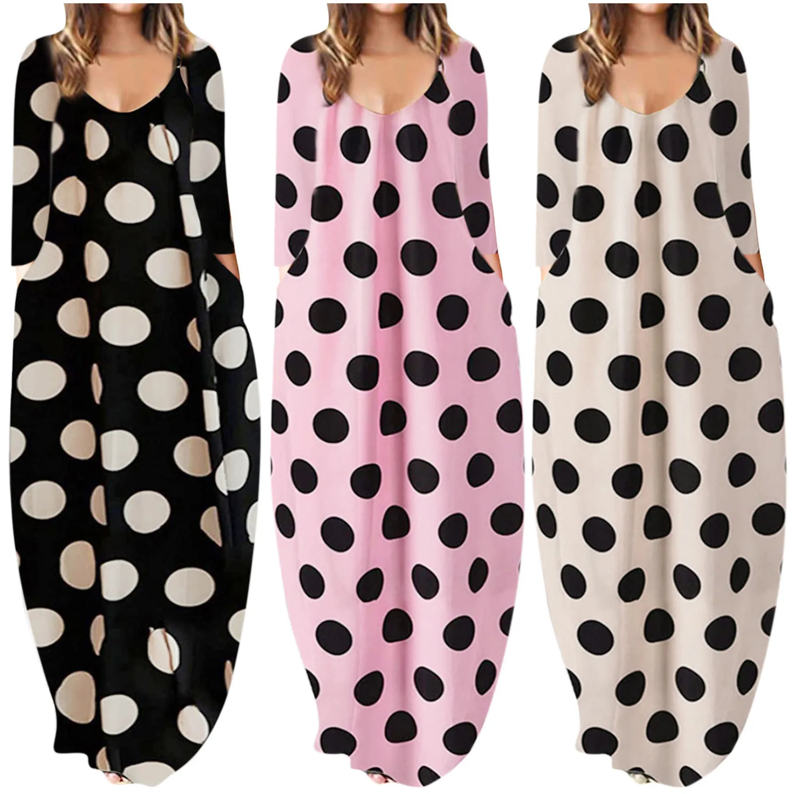 

Ladies Long Sleeve Polka Dot Dress Long Skirt Fashion Autumn V-neck Casual Printed Loose Comfortable Long Sleeve Dress Платье
