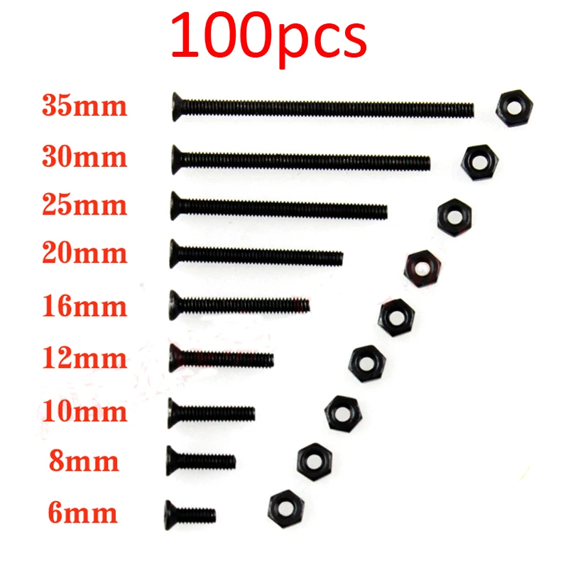 

100 шт. черные винты с потайной головкой M2 с гайками 6 мм/8 мм/10 мм/12 мм/16 мм/20 мм/25 мм/30 мм/35 мм для RC Tamiya Mini 4WD автомобильные запчасти «сделай сам»
