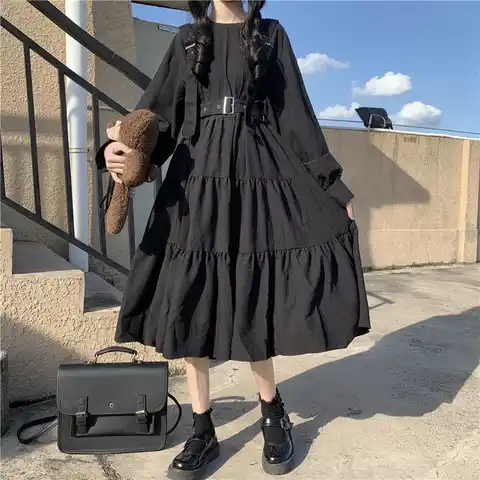 Женское платье-миди с рюшами YBYR, черное Бандажное платье в японском стиле Харадзюку, длинный мешковатый костюм на подтяжках в готическом ст...