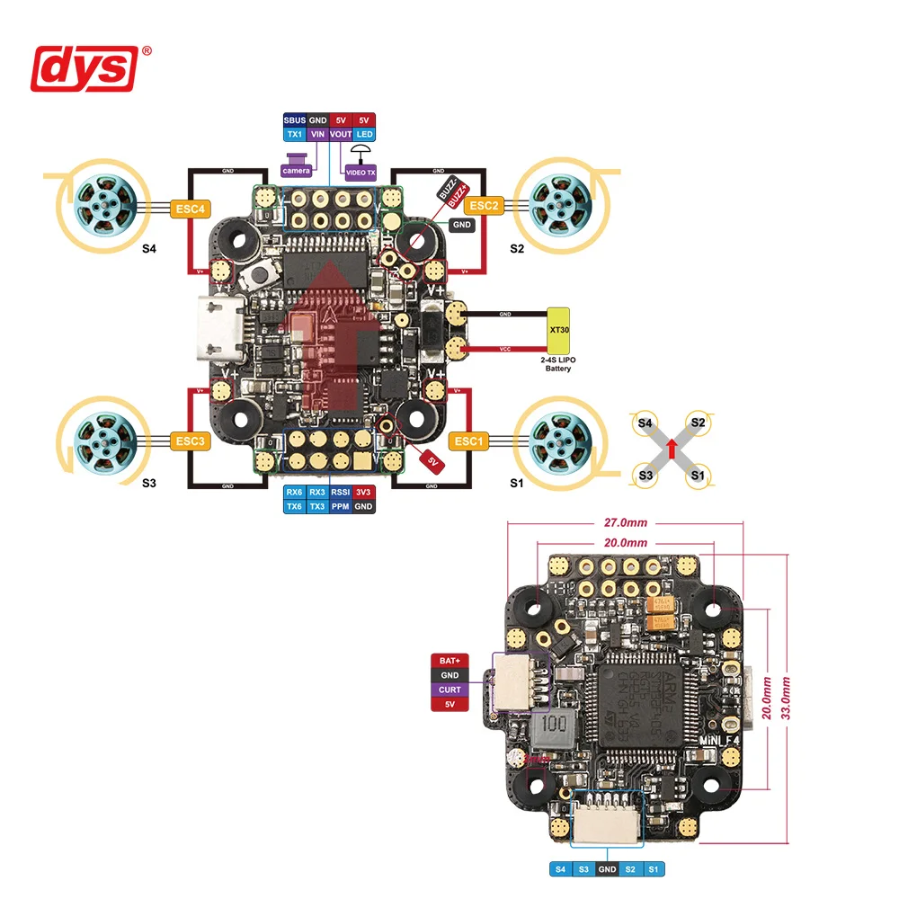

DYS Mini F4 Flight Controller 2-4s with 5V2A BEC with OSD Current Meter 20x20mm Mounting Hole for FPV Racing Drone