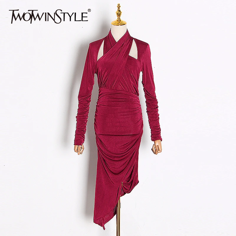 

Женское платье с рюшами TWOTWINSTYLE, асимметричное платье с длинными рукавами и воротником через шею, асимметричным подолом и высокой талией