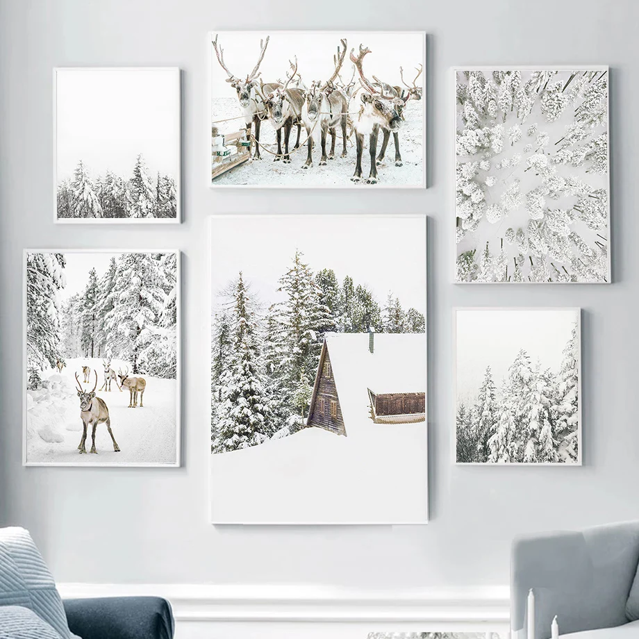 

Scandinavian Poster and Print Winter Nature Landscape Canvas Painting Deer Animal Snow Forest Wall Art Picture Nordic Home Decor