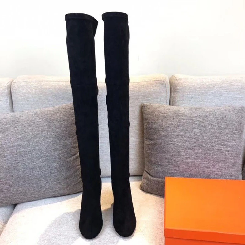 Koop Met Logo Herfst En Winter Vrouwen Schoenen Effen Kleur Hoge Hakken Dikke Hak Ronde Neus Elasticiteit Lange Laarzen Over De Knie Laarzen