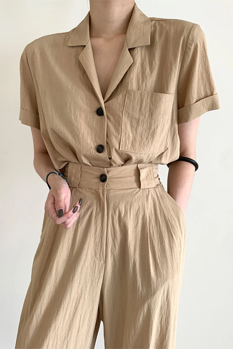

Korean style summer casual temperament lapel single-breasted short-sleeved shirt + high-waist straight wide-leg pants trousers