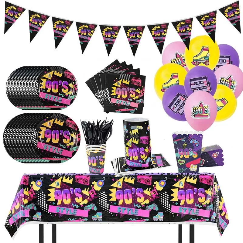 

90s Hip-Hop disco Theme Disposable Tableware Set Paper Plate Cups Napkins Banner Tablecloth Balloon adult Birthday Party Supplie