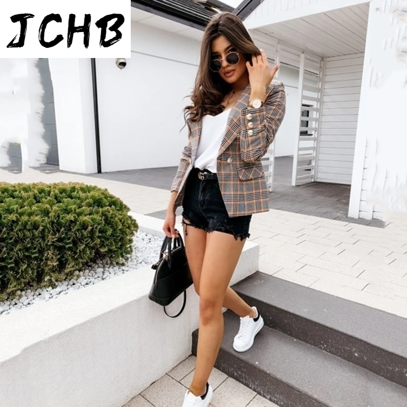 

Blazers Plaid Jackets Women Fashion Autumn Winter Long Sleeve Work Office Ladies Suit Slim Button Irregular Business Blazer Coat