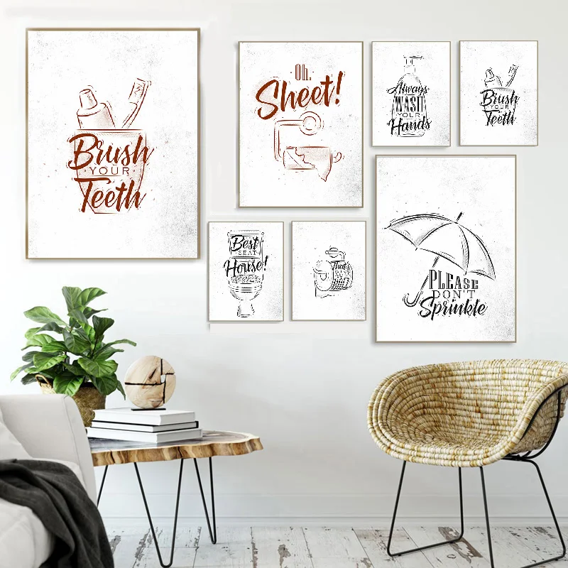 

Toilet Quote Fashion Black White Art Picture Bathroom Wall Canvas Painting Poster Prints Washroom Wall Decor Brush Decor Picture