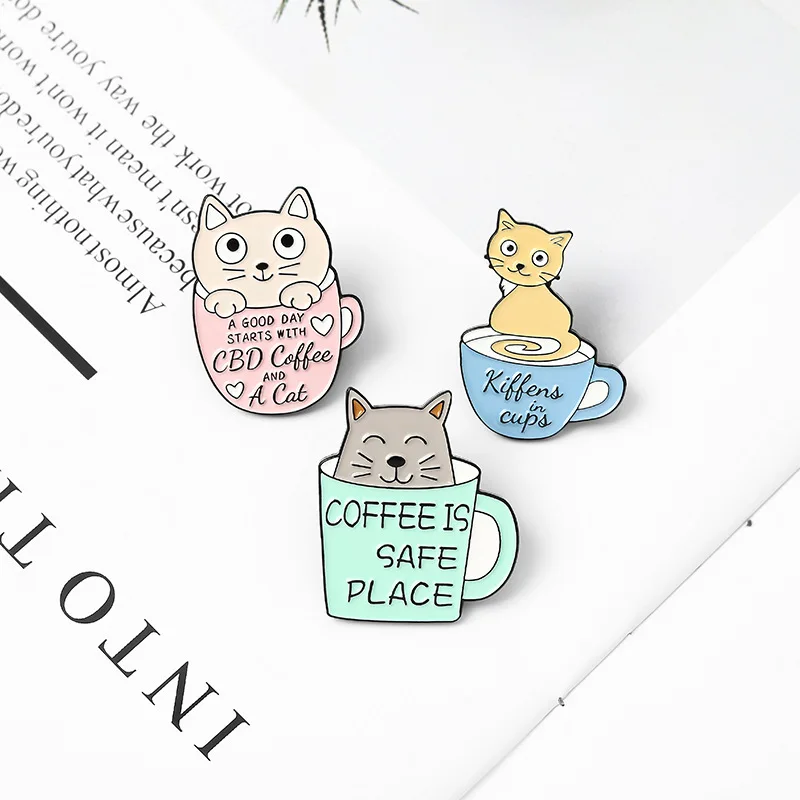 

Fashion Coffee Pot Brooch Kitten New Drip Oil Paint Coffee Cup Brooch Lapel Pins Alloy Enamel Animal Cat Badge