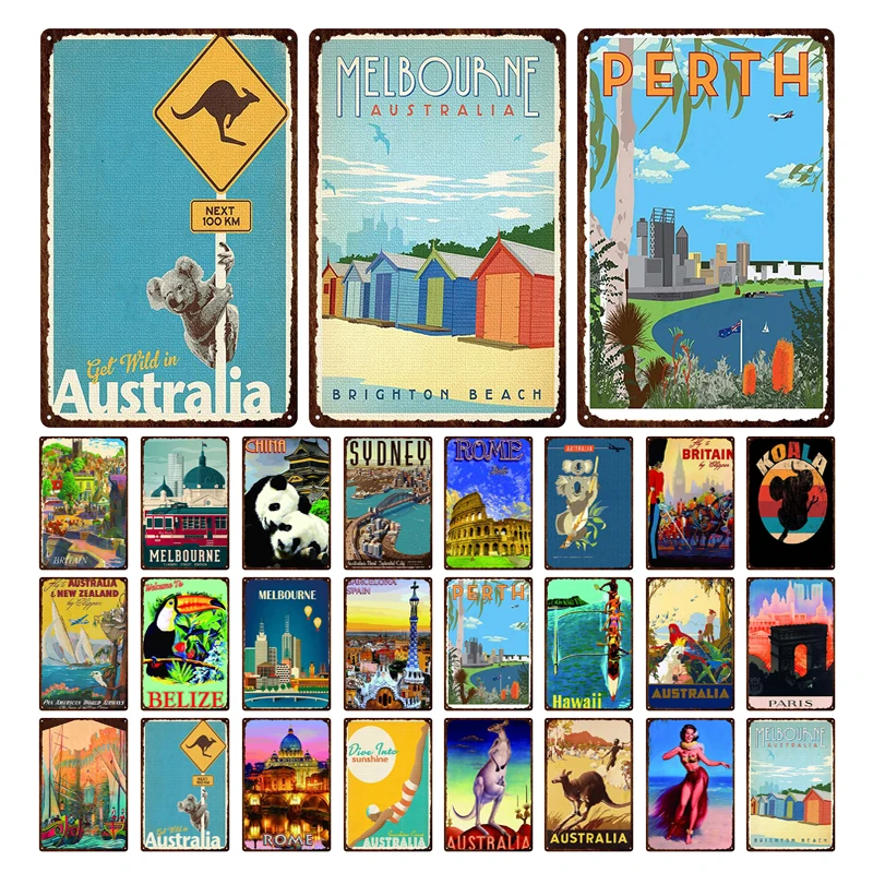 

Оловянная металлическая винтажная тарелка с мультипликационным городским пейзажем, австралийская скульптура, озеро, табличка с животными ...