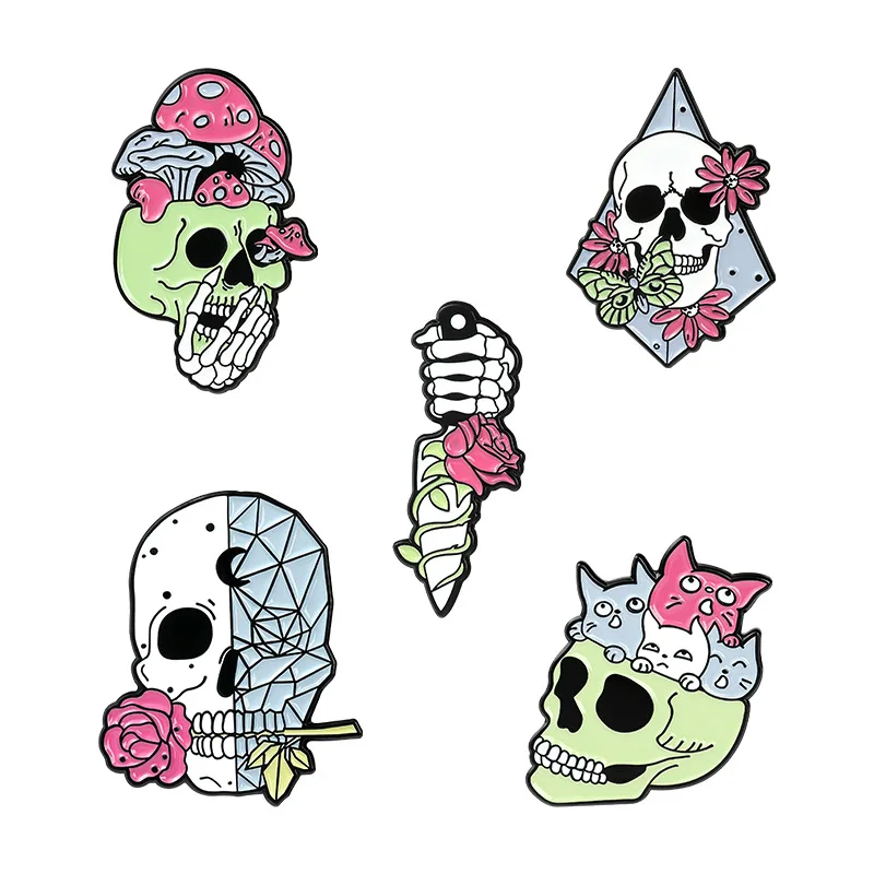 

Skeleton Enamel Pins Custom Rose Cats Skull Dagger Brooch Lapel Badge Bag Punk Gothic Jewelry Gift for Friends