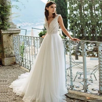 wedding dresses 2021 a line backless sleeveless v neck lace applique open back tulle a line bridal gowns vestido de novia