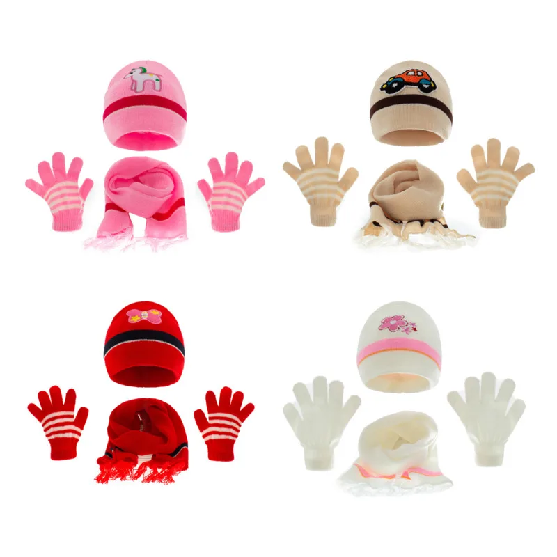 

Three Piece Baby Hats Scarf Gloves Set Cartoon Embroidery Knitted Beanie Autumn Winter Warm Children Skullies Scarf Gloves Suits