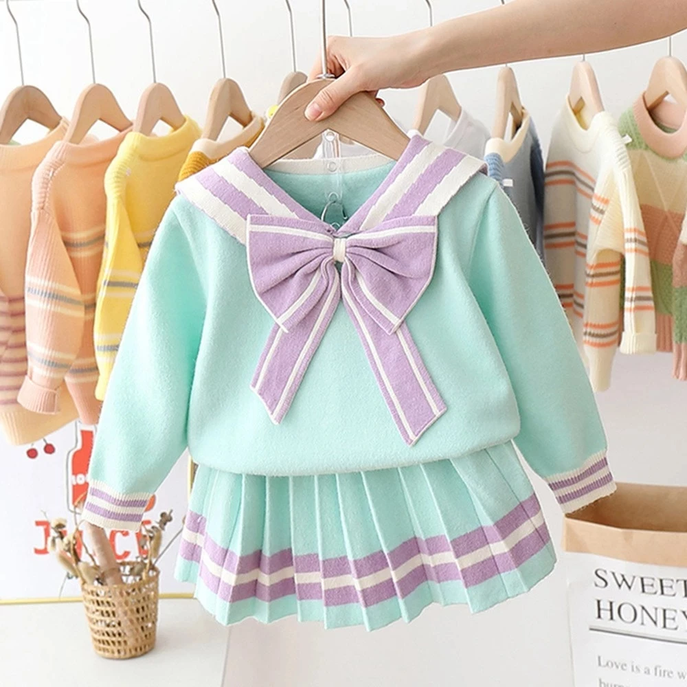 

Preppy Spring Autumn Knitwear Girl 2pcs Clothes Set Baby Pullover Bowtie Sweater+Pleated Skirt Kids Chindren Student Wear