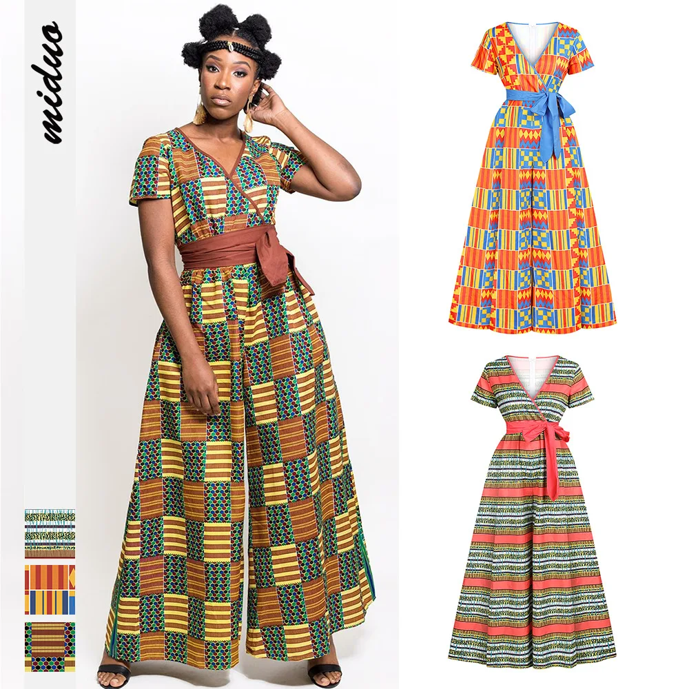 

Popular Print Sexy V-neck Loose Jumpsuit Fashion Long Flared Pants African Clothing Bazin Rich African Fashions for Women K155