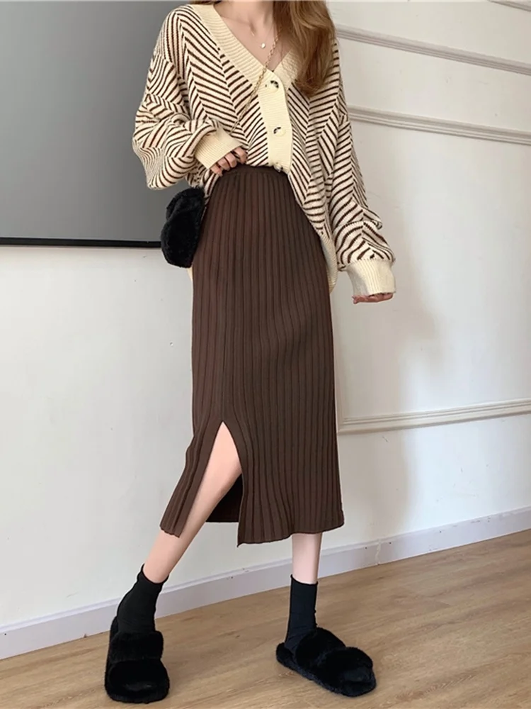

Women Skirt Autumn Korean 2021 New High Waist Thin Black Hip Wrapped One-step Skirt Medium Long Knitted Skirt Women's Skirt