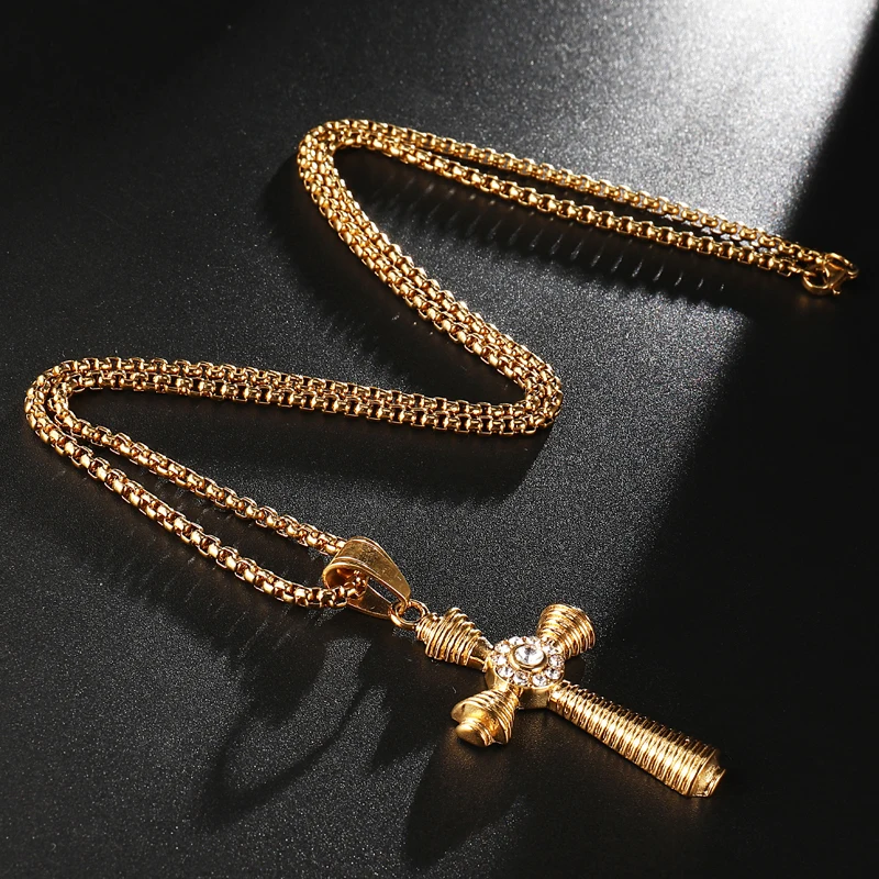 

HIP Hop Gold Color Stainless Steel Bling Iced Out Rope Chain Cross Pendants & Necklaces for Men Jewelry