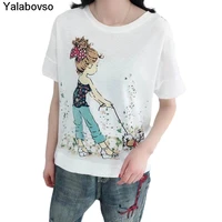 o neck tees and tops white t shirt short sleeve 2021 new summer korean loose and cartoon embroidered patches thin soft tshirts