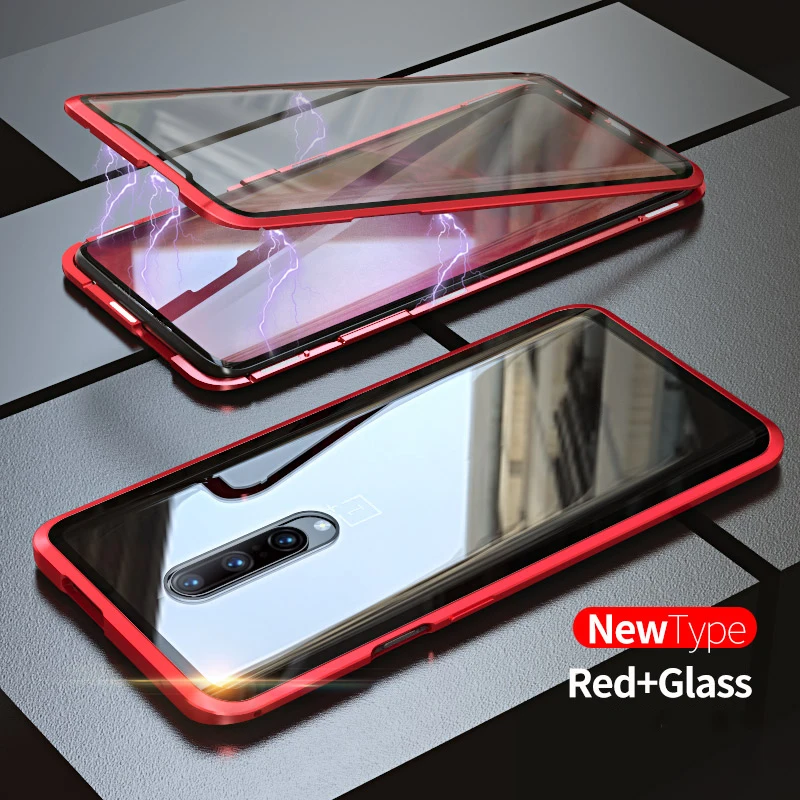 Red Double Glass Магнитный поглощающий металлический чехол s для Oneplus 7 Pro 6 T, чехол для телефона, двустороннее стекло, 360, противоударный чехол для Oneplus 7 6 - Цвет: Red Double Glass