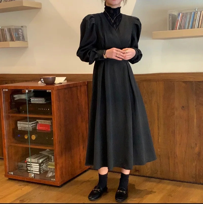 

Korean Chic French Style Retro Lace Stitching Half Turtleneck Temperament Fake Two-Piece Design Puff Sleeve Long Dress
