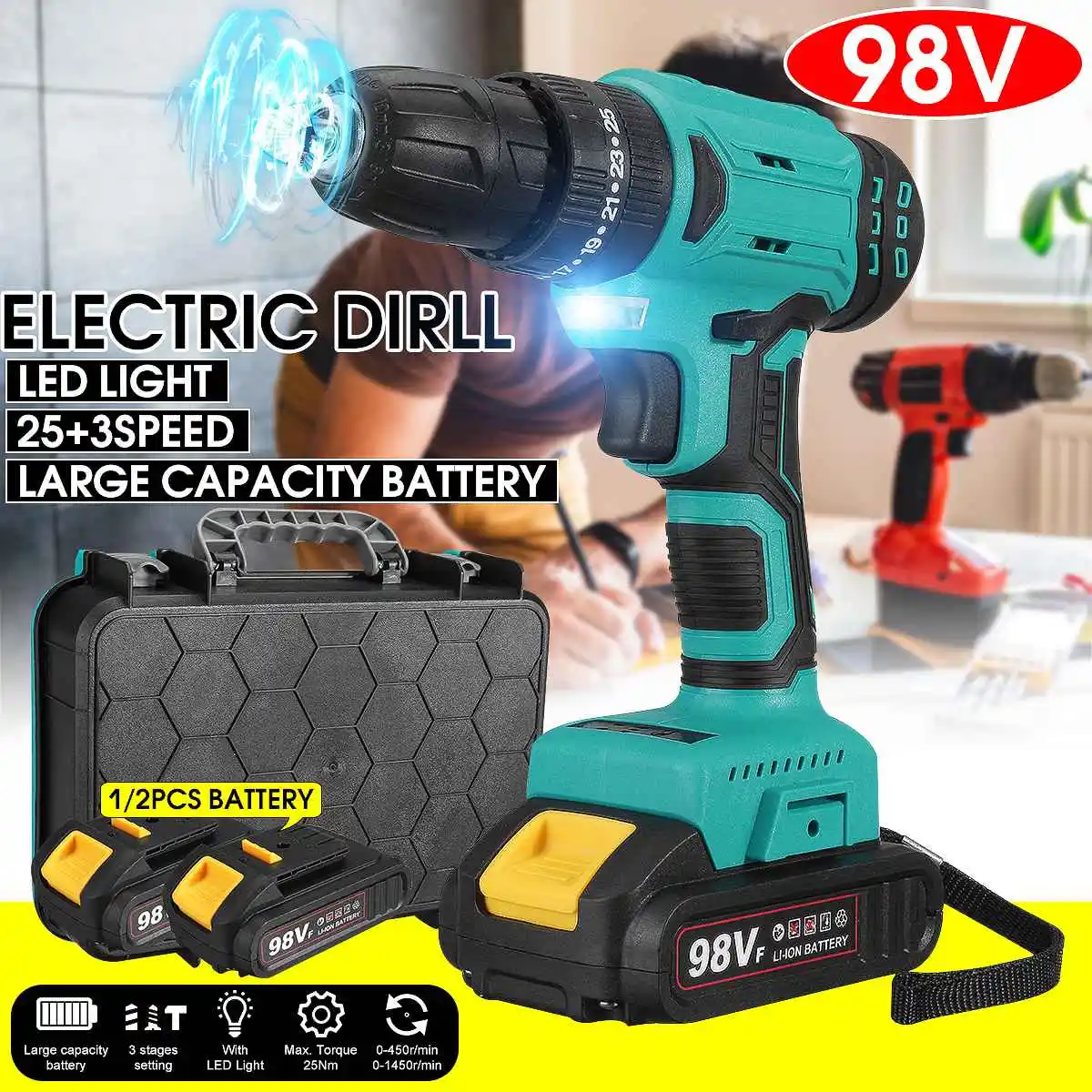 

98V Cordless Drill Electric Impact Screwdriver 25+3 Torque Power Driver With 1/2pcs Rechargeable Lithium-Ion Battery Power Tools
