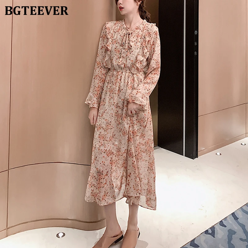 Платье BGTEEVER женское шифоновое с круглым вырезом на шнуровке оборками эластичное