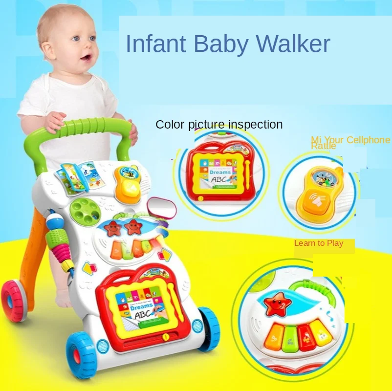 Cartoon baby walker trolley children baby multifunctional with music adjustable speed walker toy without battery