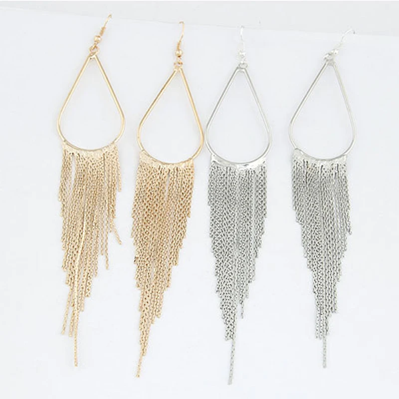 

European and American Korean fashion simple water drop tassels temperament metal earrings