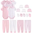 Комплект одежды для новорожденных девочек, комбинезон с короткими рукавами + длинные штаны + шапочка + перчатки для мальчиков и девочек, однотонная повседневная одежда со звездами для детей 0-12 месяцев