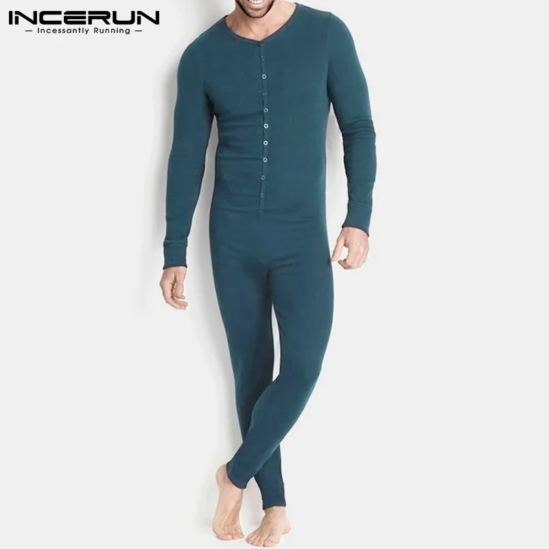 

INCERUN Men Pajamas Jumpsuits V Neck Long Sleeve Homewear Fitness Solid Color Sleepwear Rompers Cozy Leisure Men Nightwear S-5XL