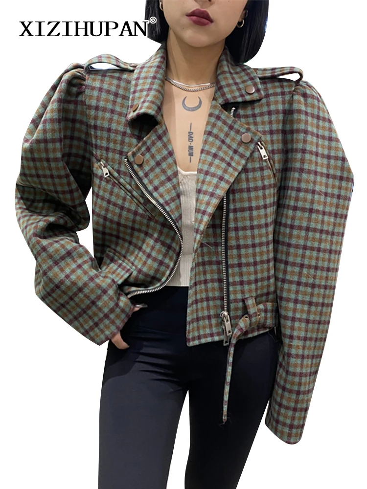 XIZIHUPAN Plaid Colorblock Short Jackets For Women Notched Long Sleeve Streetwear Patchwork Coats Female 2021 Autumn Clothes New