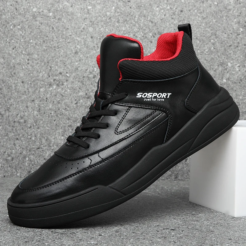 

Genuine Leather Fashion Men's High-top Sneakers Classic Breathable Casual Shoes Thick Bottom Non-Slip Outdoor Sport Shoes