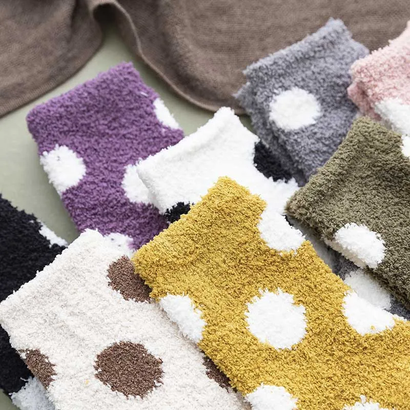 

[HEPOSCKONE]Japanese Style Big Dot Soft Coral Fleece Thicken Sleep Socks Women New Product Creative Floor Socks Chaussette Femme