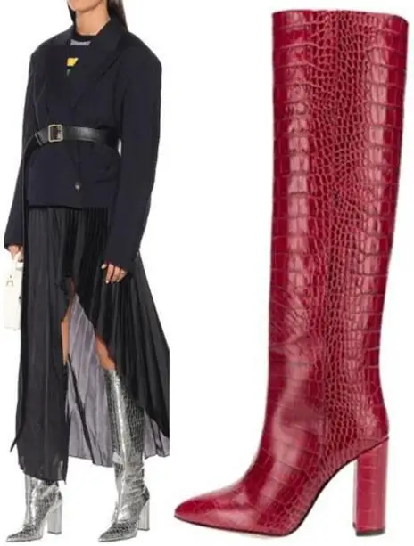 Новинка женские зимние сапоги до колена на квадратном каблуке с острым носком