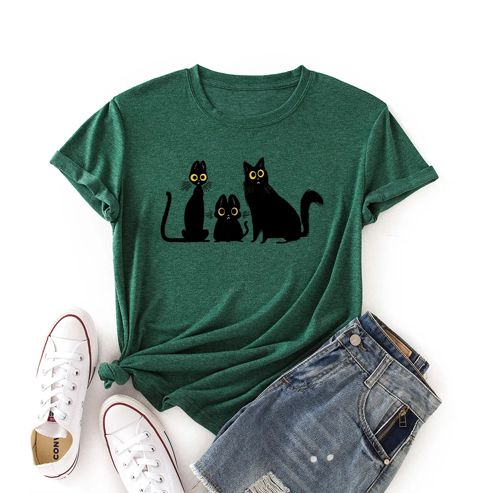 

Plus Size T-shirt Short Sleeve Women Tshirt Funny Cartoon Cat Print Cotton Tees 2021 Summer Ladies Graphic Tops Female T Shirts
