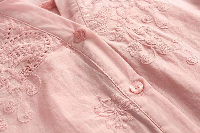 

New Plus Size Summer Women Literary Temperament Embroidered V-neck Shirt Cotton Half Sleeve Loose Thin Top Women 2020