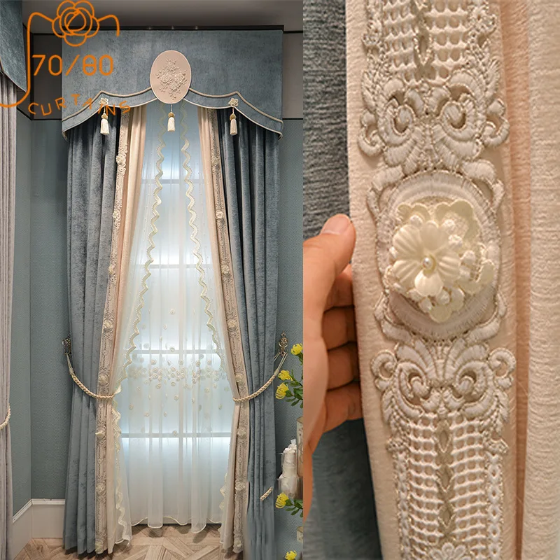 French High-end Chenille Jacquard Three-dimensional Pearl Lace Stitching Curtains for Living Room Bedroom Balcony Customization